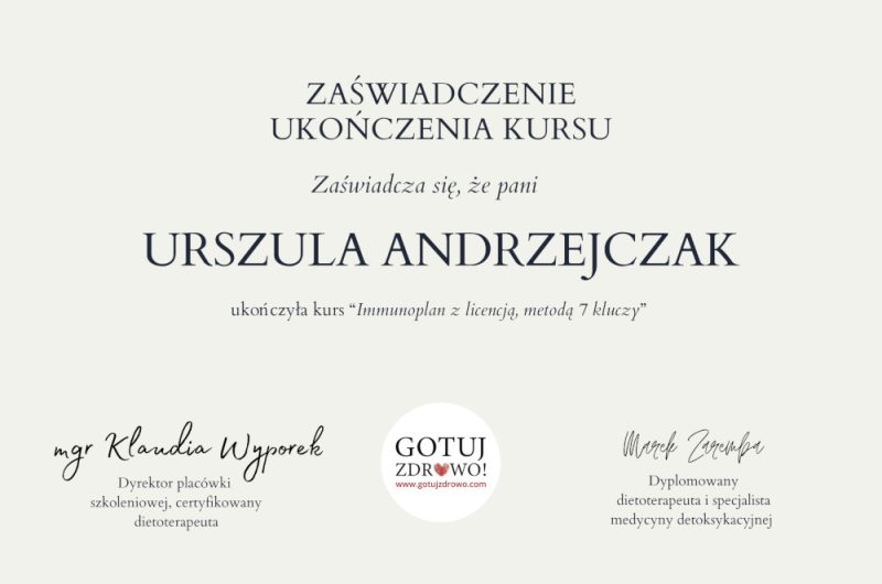 Zaświadczenie ukończenia kursu Immunoplan - Urszula Andrzejczak
